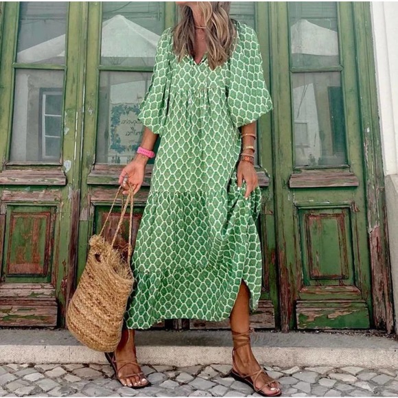 Emilene Boutique Dresses & Skirts - Bohemian  Green Print Loose Beach Maxi Sundress, Large